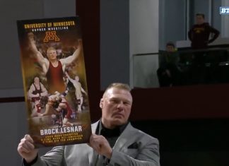 News (Video): Watch As The Minnesota Gopher’s Celebrate The 20th Anniversary Of Brock Lesnar‘s NCAA Championship And Is The Honorary Gophers Coach For The Team’s Big Ten Opener 